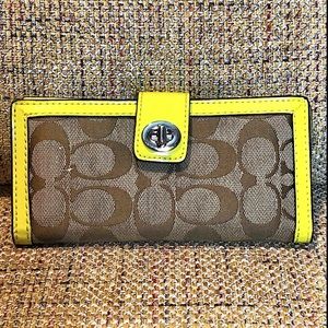 COACH Legacy Signature Slim Turn Lock Closure Trifold Wallet Neon Yellow Trim